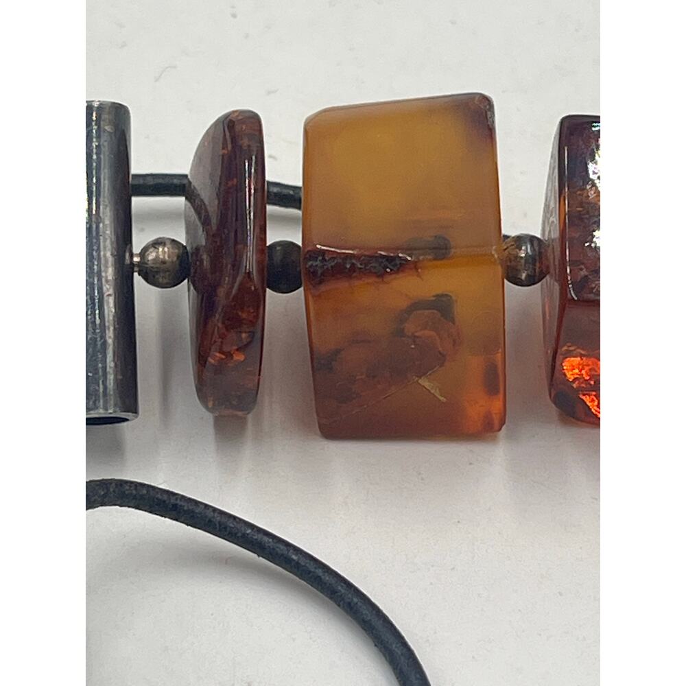 Sterling Silver Vintage Cube Modernist Triple Amber Pendant Black Chord Necklace - Picture 12 of 16
